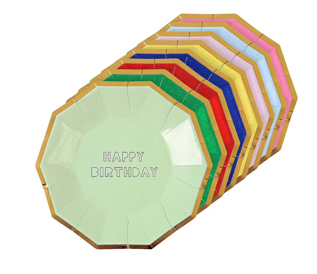 Meri Meri Assorted Color Metallic Happy Birthday Plates (small) 3 Meri Meri Assorted Color Metallic Happy Birthday Plates (small)
