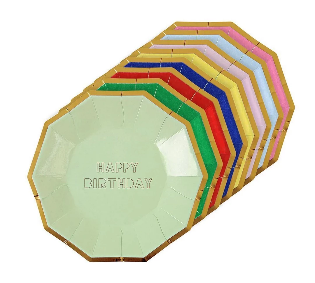 Meri Meri Assorted Color Metallic Happy Birthday Plates (Large) 3 Meri Meri Assorted Color Metallic Happy Birthday Plates (Large)