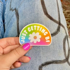 The Peach Fuzz Stickers Just Getting Bi Rainbow Sticker